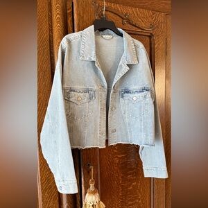 Light Blue Cropped Denim Jacket with rhinestones